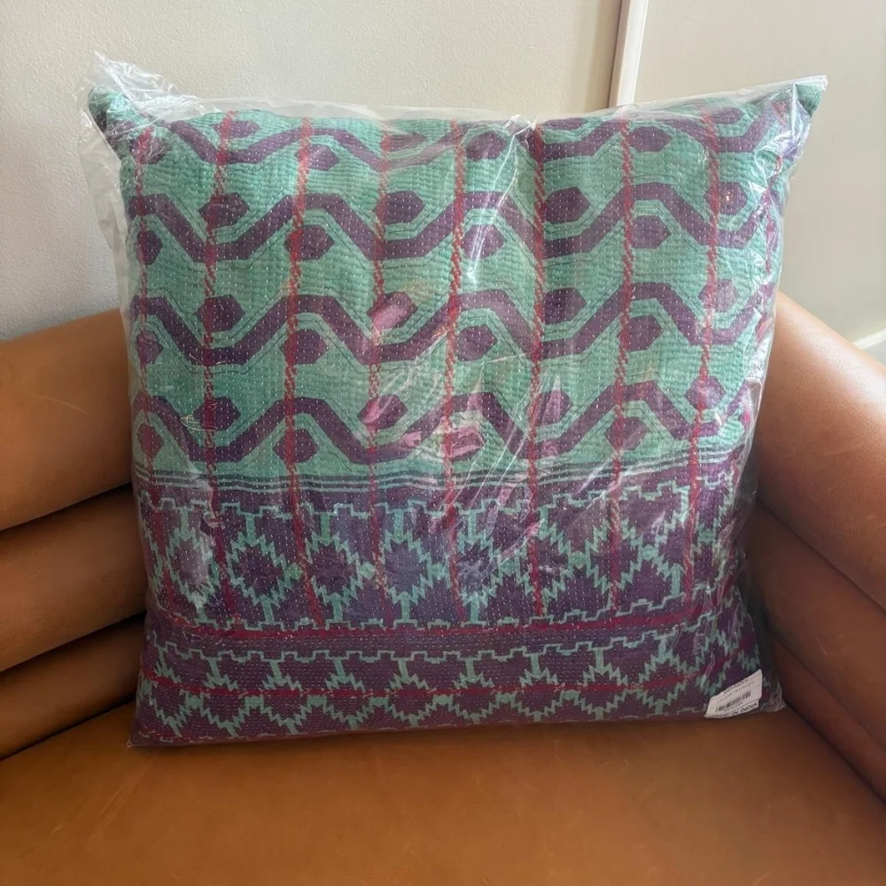 NWT Vintage One Of A Kind Sari Kantha Pillow-22in Purple/Turquoise